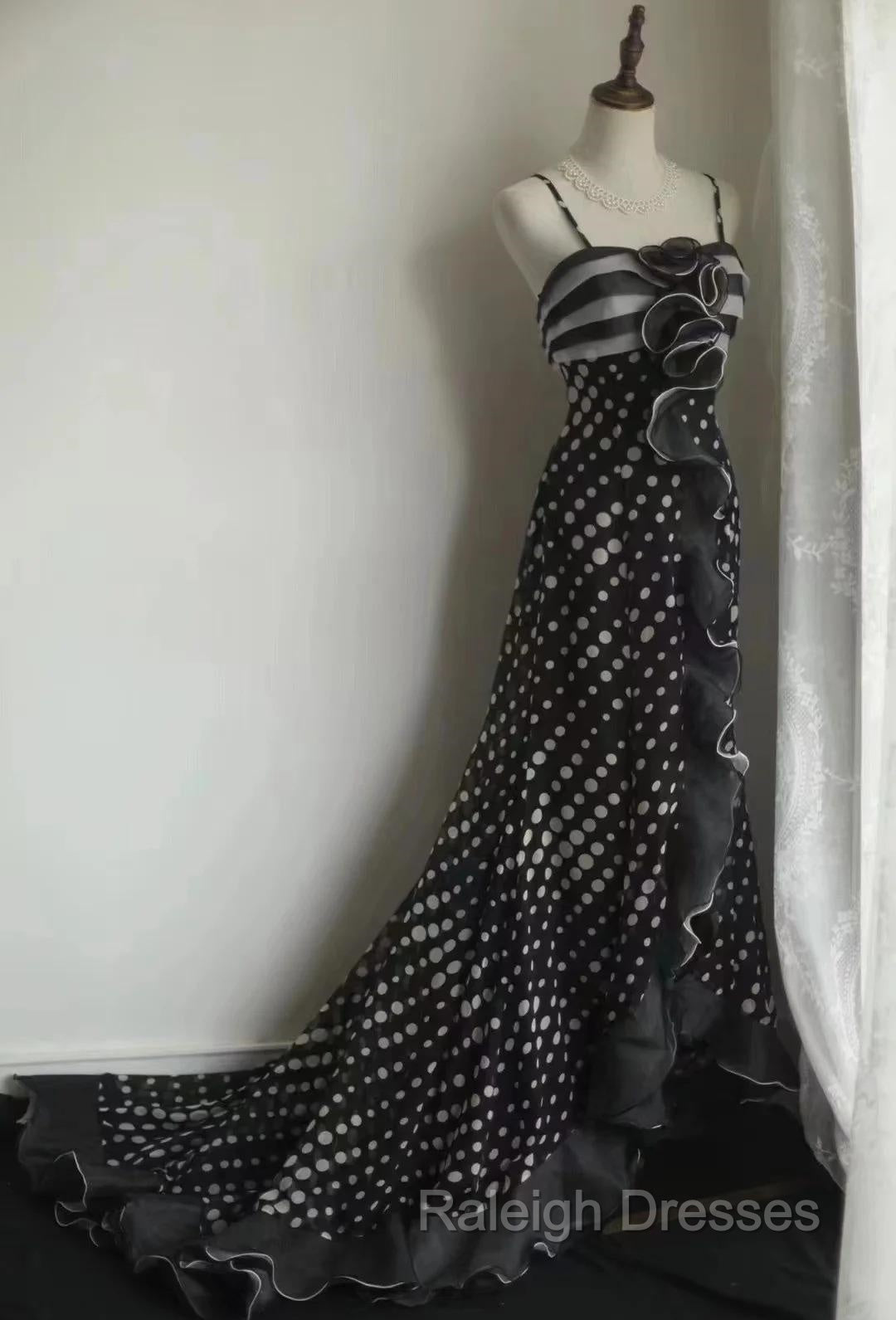 Mermaid Black Spaghetti Strap Chiffon Long Prom Skirt Polka Dot Evening Dress Secondary image