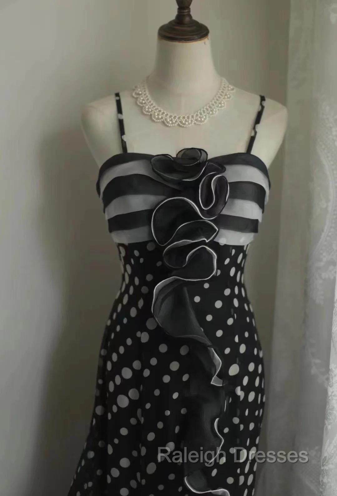 Mermaid Black Spaghetti Strap Chiffon Long Prom Skirt Polka Dot Evening Dress