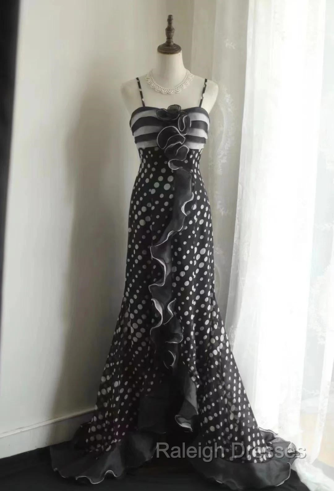 Mermaid Black Spaghetti Strap Chiffon Long Prom Skirt Polka Dot Evening Dress