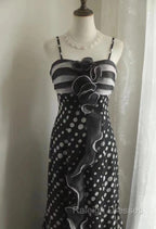 Mermaid Black Spaghetti Strap Chiffon Long Prom Skirt Polka Dot Evening Dress
