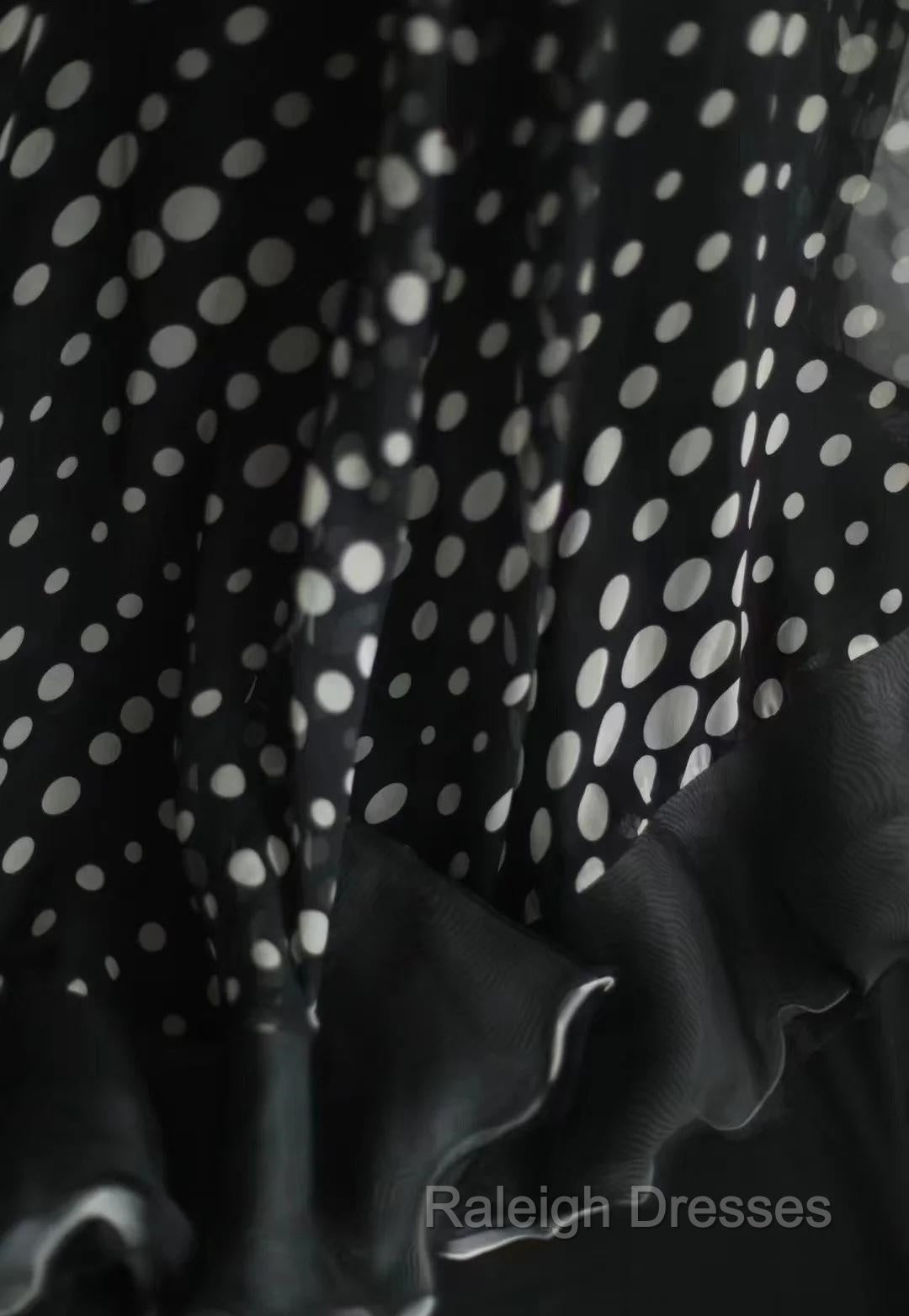 Mermaid Black Spaghetti Strap Chiffon Long Prom Skirt Polka Dot Evening Dress