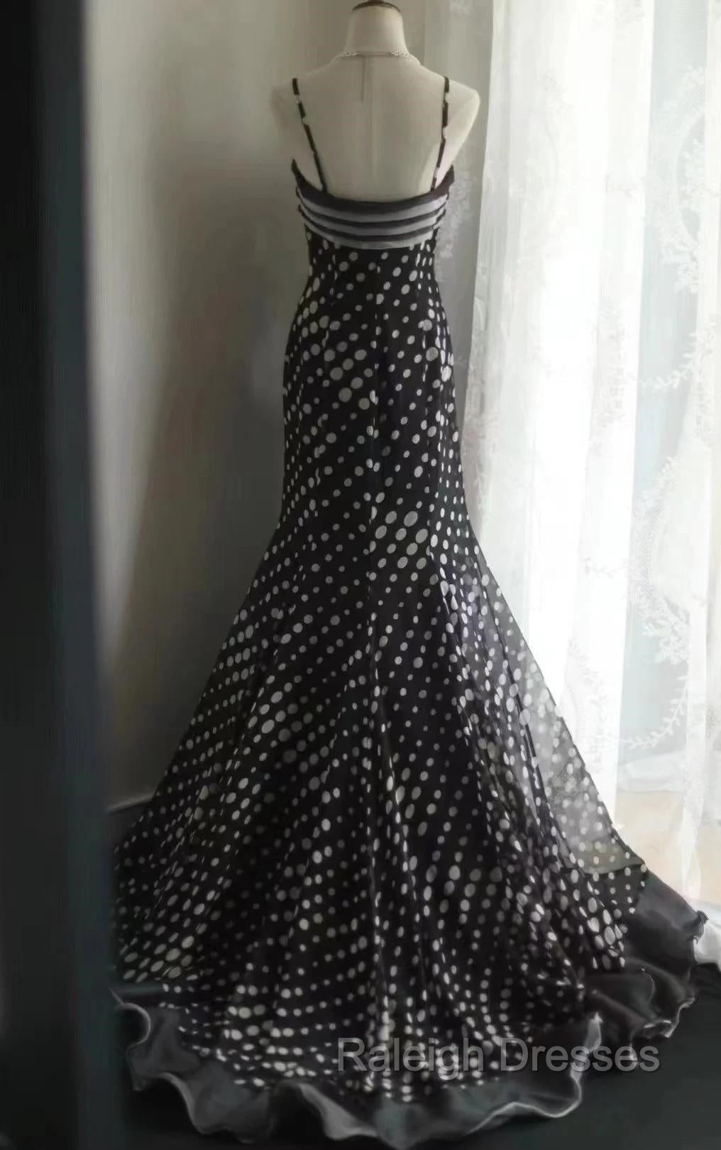 Mermaid Black Spaghetti Strap Chiffon Long Prom Skirt Polka Dot Evening Dress