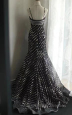 Mermaid Black Spaghetti Strap Chiffon Long Prom Skirt Polka Dot Prom Dresses