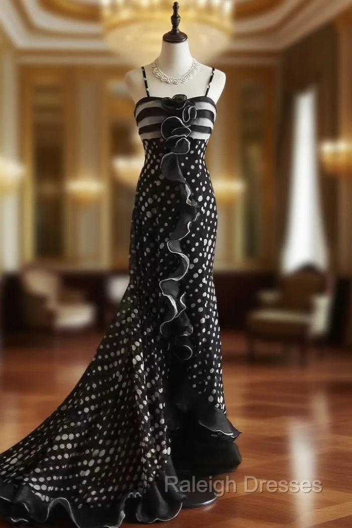 Mermaid Black Spaghetti Strap Chiffon Long Prom Skirt Polka Dot Evening Dress Main image