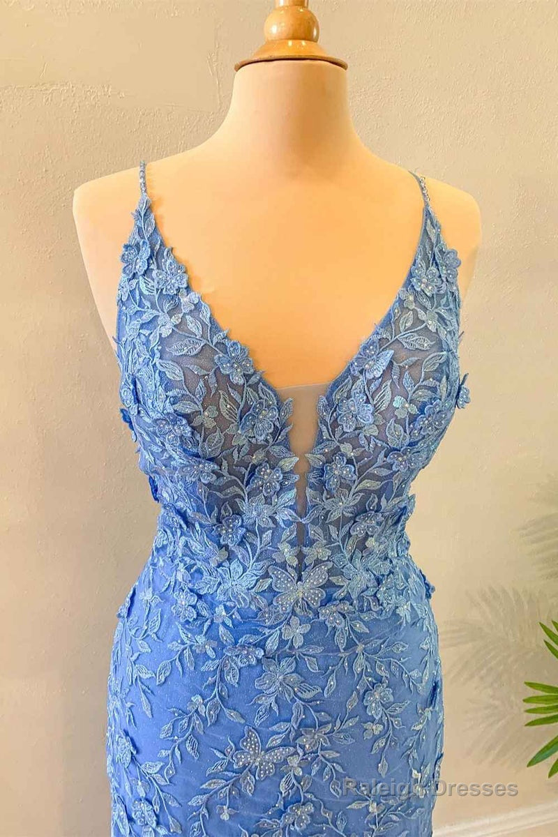 Mermaid Blue Floral Lace Prom Dresses Long Prom Dresses Appliques
