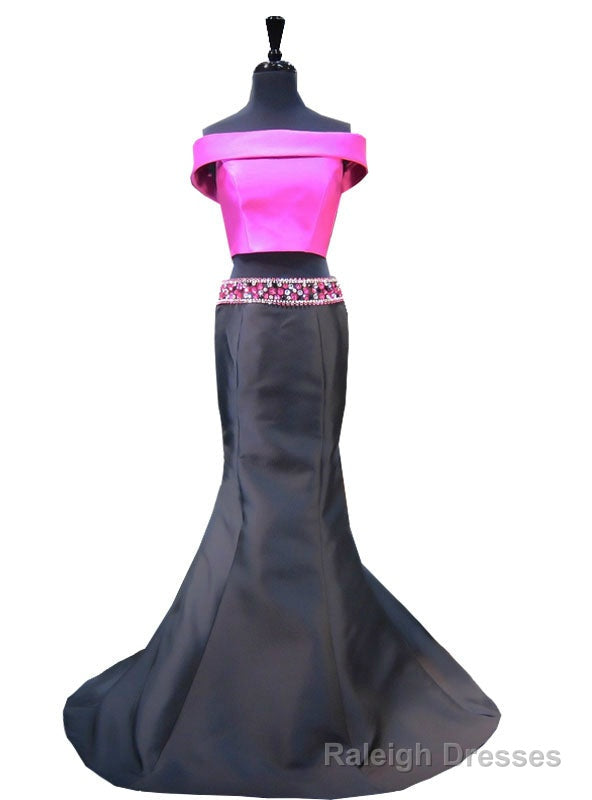 Mermaid Boat Neck Beaded Crystals Two Piece Satin Prom Dress Main image