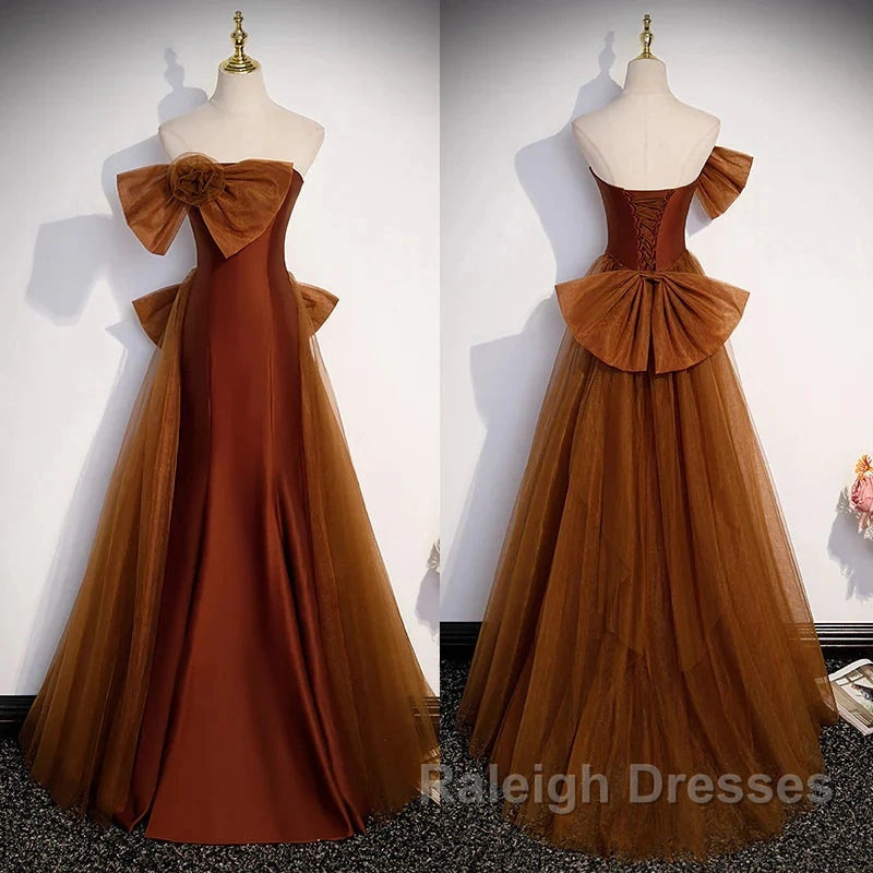 Mermaid Brown Tulle Satin Strapless Long Prom Dresseses Prom Dresses