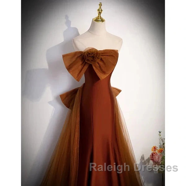 Mermaid Brown Tulle Satin Strapless Long Party Dress Formal Dress Prom Dress With Bow(S)