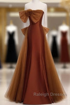 Mermaid Brown Tulle Satin Strapless Long Party Dress Formal Dress Prom Dress