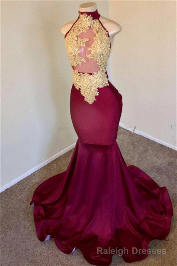 Mermaid Burgundy High-Neck Applique Sleevless Prom Dresses