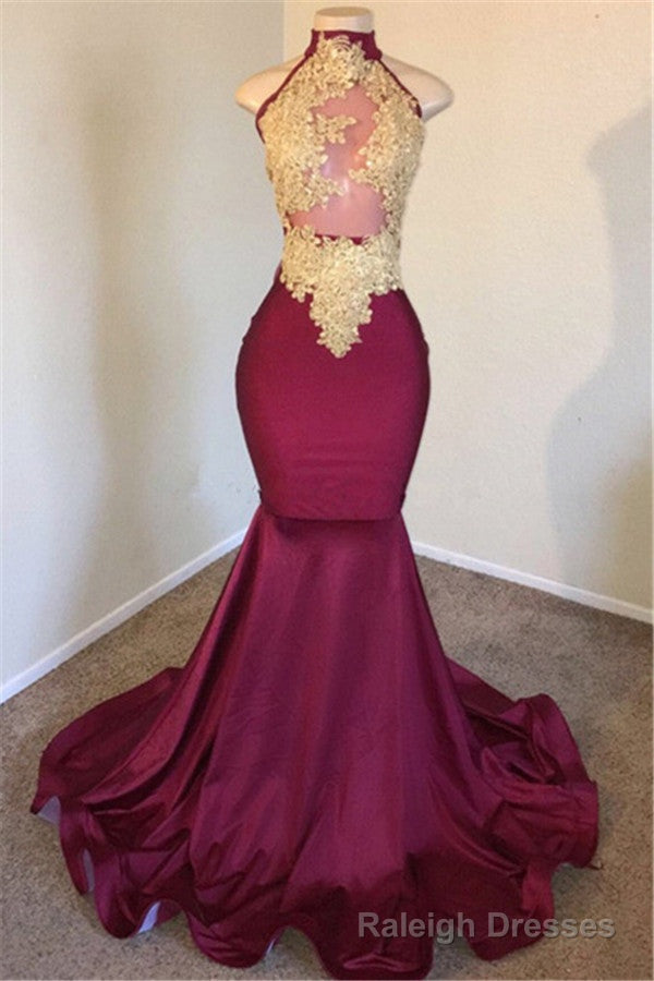 Mermaid Burgundy High-Neck Applique Sleevless Prom Dresses Main image