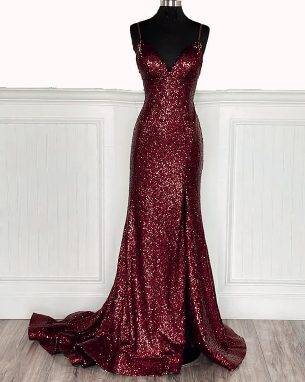 Mermaid Burgundy Sequin Floor Length Prom Dresses 22Th Birthday Outfit Secondary image