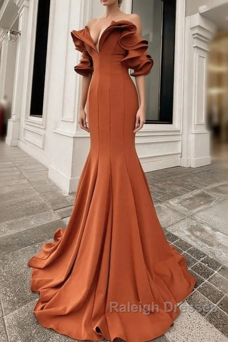 Mermaid Burnt Orange Ruffles Shoulder Dress