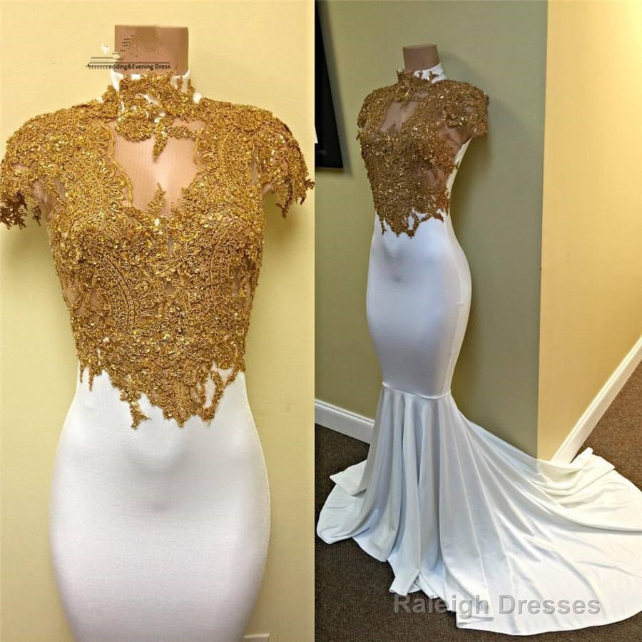 Mermaid Cap-Sleeve White Gold Lace Prom Dress Main image