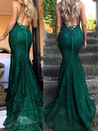 Mermaid Dark Green Prom Dresses Lace Long Prom Dress Spaghetti Straps Backless Prom Dresses