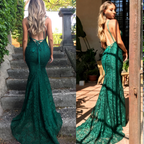 Mermaid Dark Green Prom Dresses Lace Long Prom Dress Spaghetti Straps Backless Prom Dresses