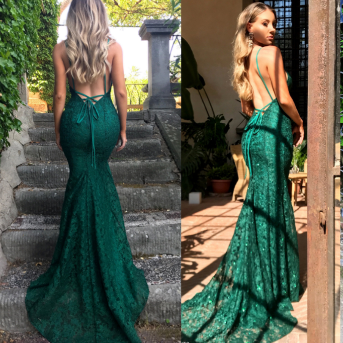Mermaid Dark Green Prom Dresses Lace Long Prom Dress Spaghetti Straps Backless Prom Dresses