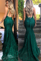 Mermaid Dark Green Prom Dresses Lace Long Prom Dress Spaghetti Straps Backless Prom Dresses