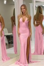 Mermaid Deep Halter Satin Long Prom Dresses with Slit