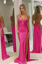 Mermaid Deep Halter Satin Long Prom Dresses with Slit