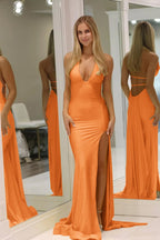 Mermaid Deep Halter Satin Long Prom Dresses with Slit