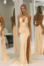 Mermaid Deep Halter Satin Long Prom Dresses with Slit