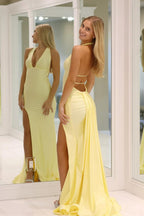 Mermaid Deep Halter Satin Long Prom Dresses with Slit