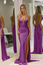 Mermaid Deep Halter Satin Long Prom Dresses with Slit