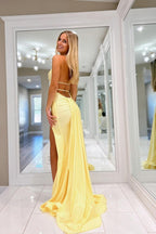 Mermaid Deep Halter Satin Long Prom Dresses with Slit