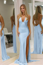 Mermaid Deep Halter Satin Long Prom Dresses with Slit