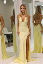 Mermaid Deep Halter Satin Long Prom Dresses with Slit