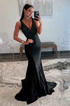 Mermaid Deep V Neck Beaded Satin Long Prom Dress