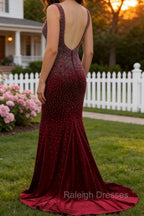 Mermaid Deep V Neck Burgundy Long Prom Dress with Beading