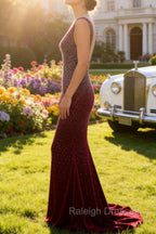 Mermaid Deep V Neck Burgundy Long Prom Dress with Beading