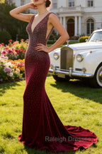 Mermaid Deep V Neck Burgundy Long Prom Dress with Beading