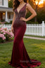 Mermaid Deep V Neck Burgundy Long Prom Dress with Beading