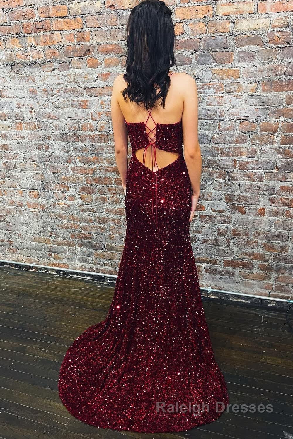Mermaid Deep V Neck Burgundy Sequins Long Prom Dress with Silt Secondary image