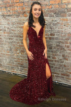 Mermaid Deep V Neck Burgundy Sequins Long Prom Dress with Silt