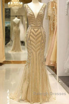 Mermaid Deep V-Neck Gold Beaded Prom Dress