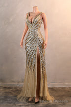 Mermaid Deep V Neck Golden Long Prom Dress with Silt