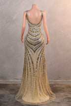 Mermaid Deep V Neck Golden Long Prom Dress with Silt