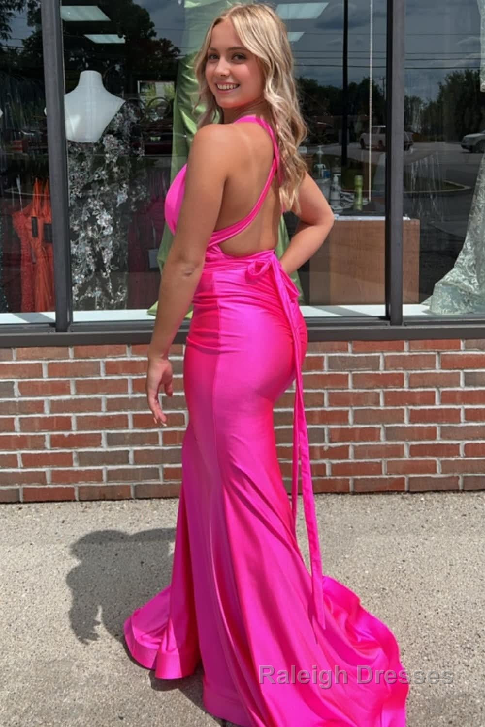 Mermaid Deep V Neck Hot Pink Long Prom Dress with Backless Secondary image