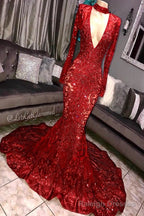 Mermaid Deep V Neck Round Collar Long Sleeve Floor Length Crochet Flower Embroidery Prom Dress