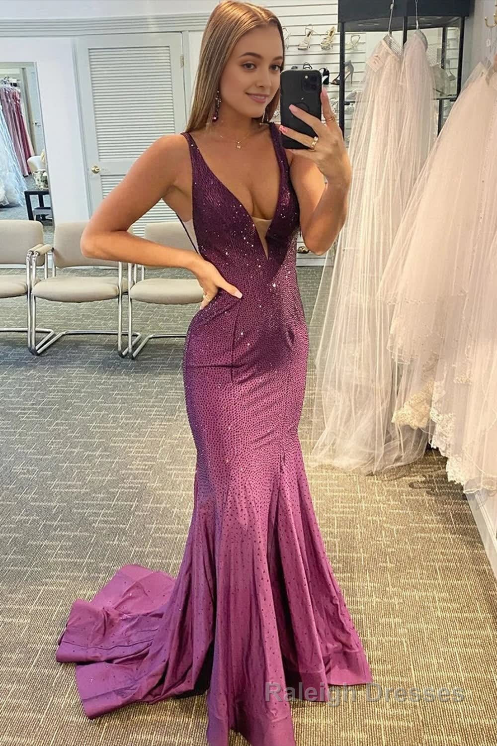Mermaid Deep V Neck Royal Blue Long Prom Dress with Beading Prom Dresses
