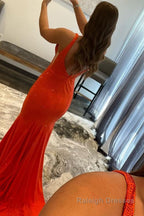 Mermaid Deep V Neck Royal Blue Long Prom Dress with Beading Prom Dresses