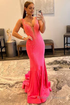 Mermaid Deep V Neck Royal Blue Long Prom Dress with Beading Prom Dresses