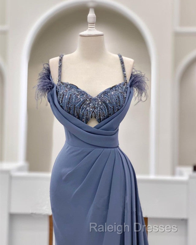 Mermaid Dusty Blue V-Neck Split Gown With Feathers Secondary image