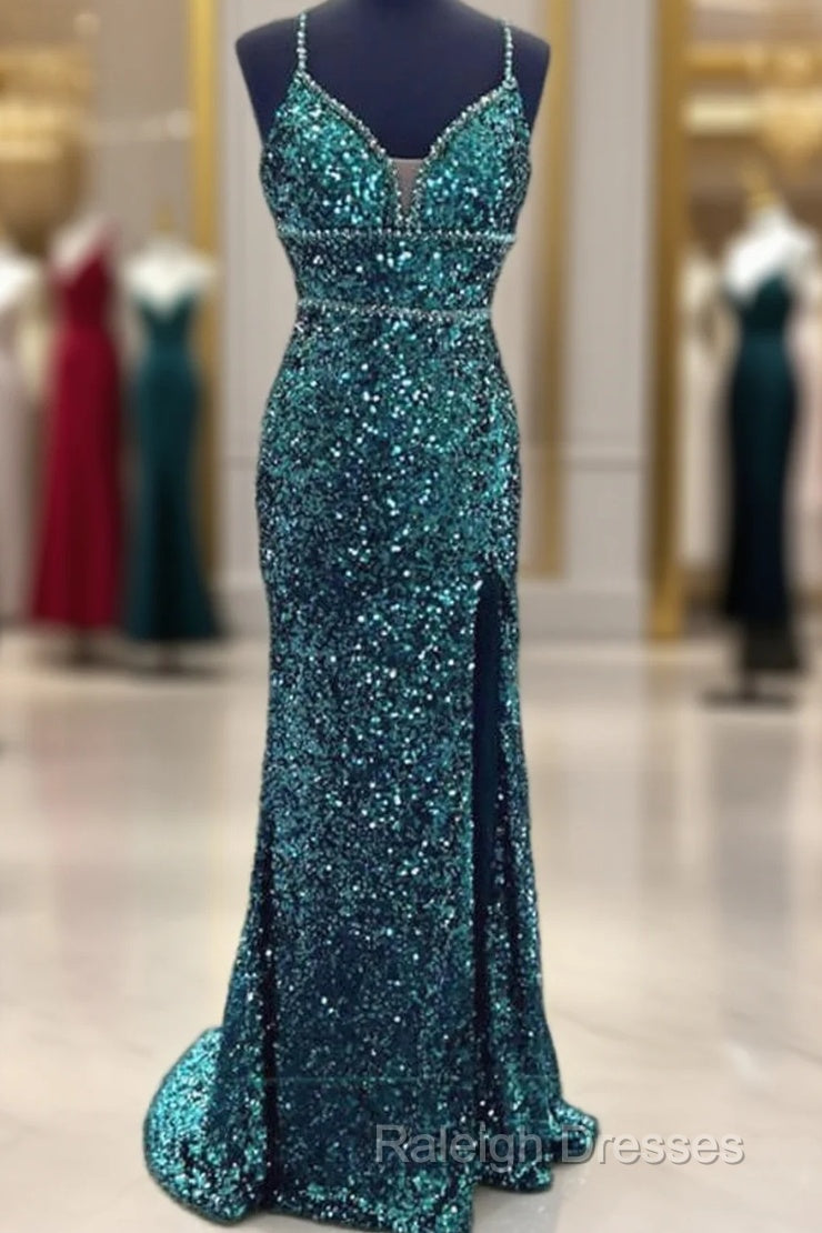 Mermaid Emerald Green Sequin V-Neck Dress