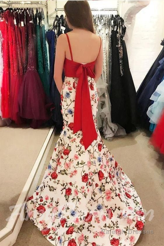 Mermaid Floral Print Red 2 Piece Prom Dress Spaghetti Strap With Bow Secondary image
