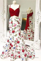 Mermaid Floral Print Red 2 Piece Prom Dress Spaghetti Strap With Bow